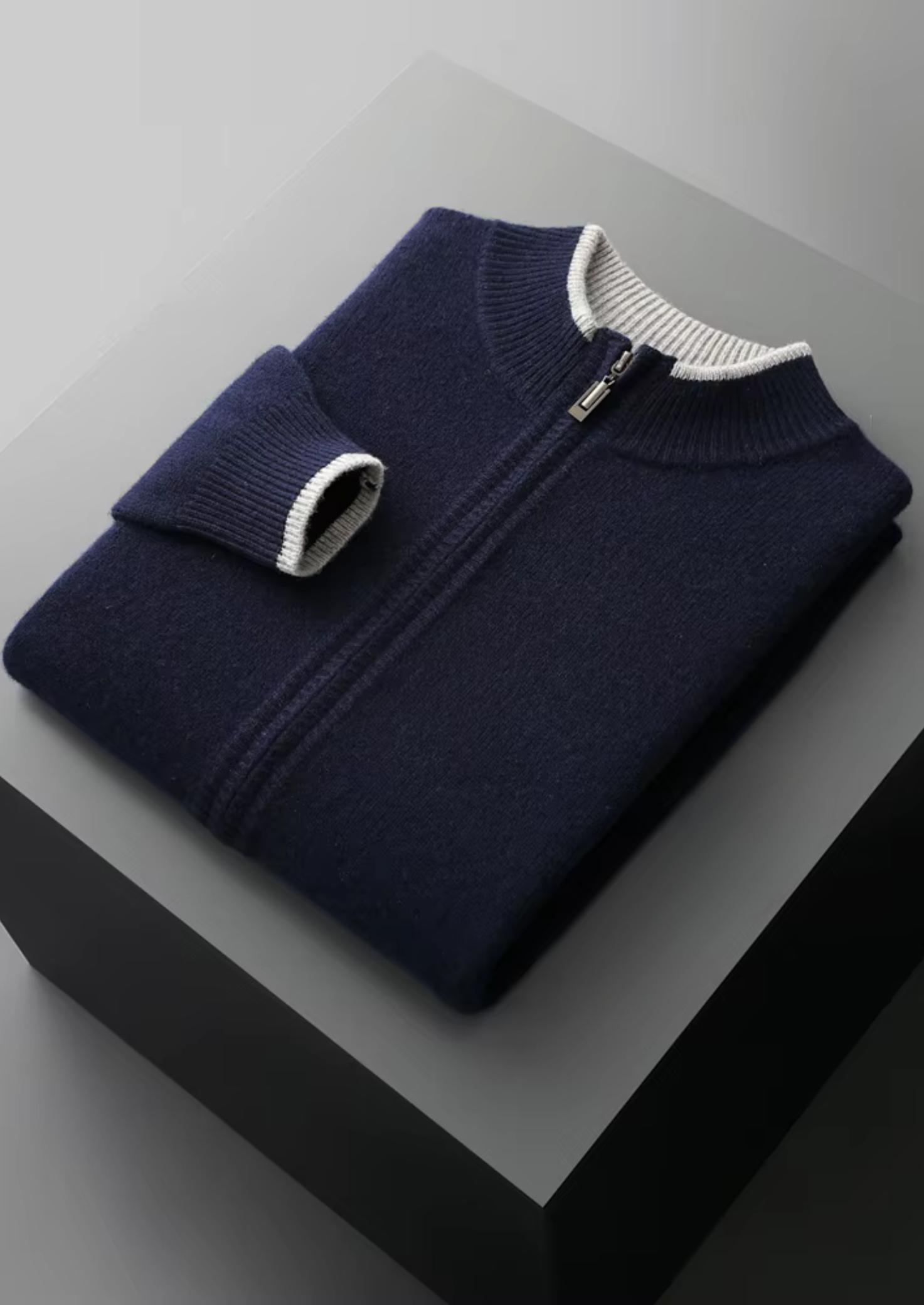 Pure Merino Wool Two-Tone Zip Cardigan