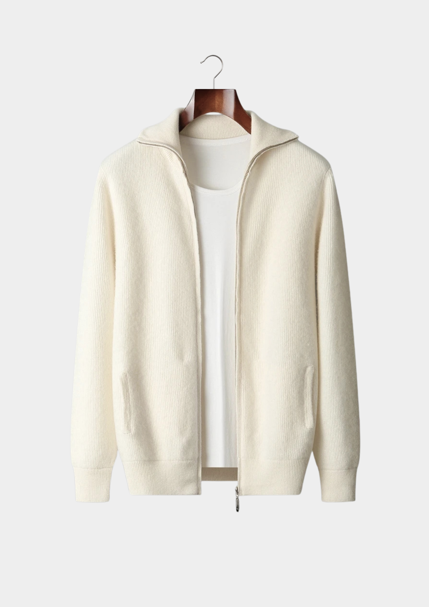 Pure Merino Wool Ribbed Zipper Cardigan