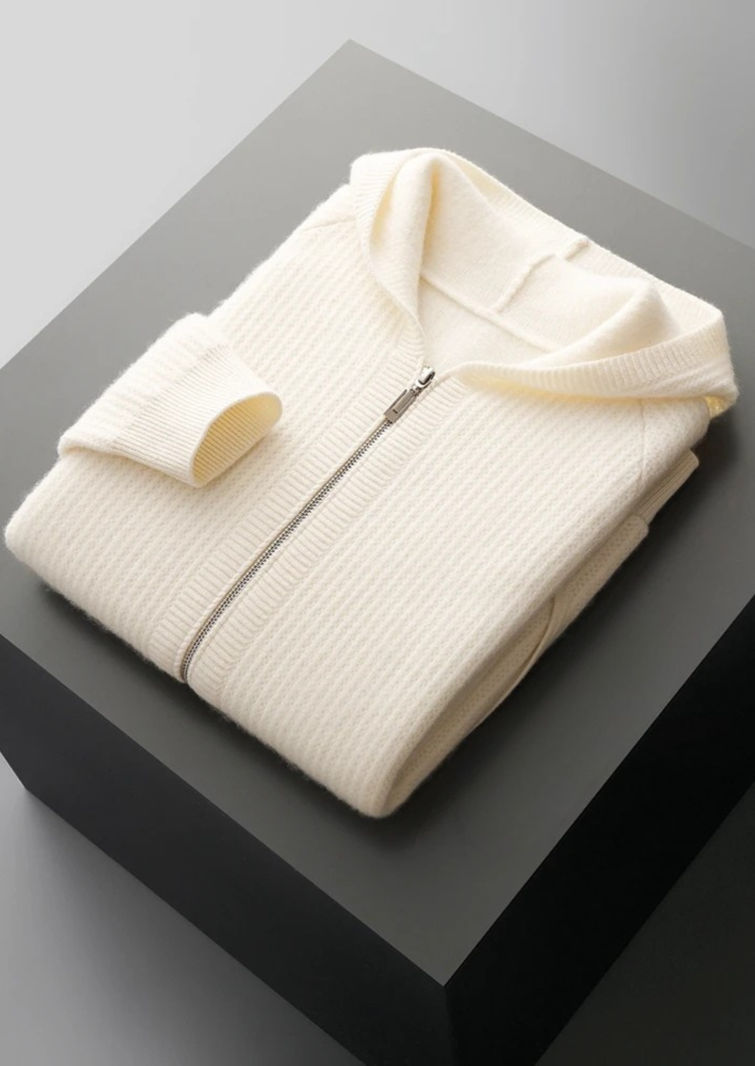 Pure Merino Wool Ribbed Zipper Hoodie