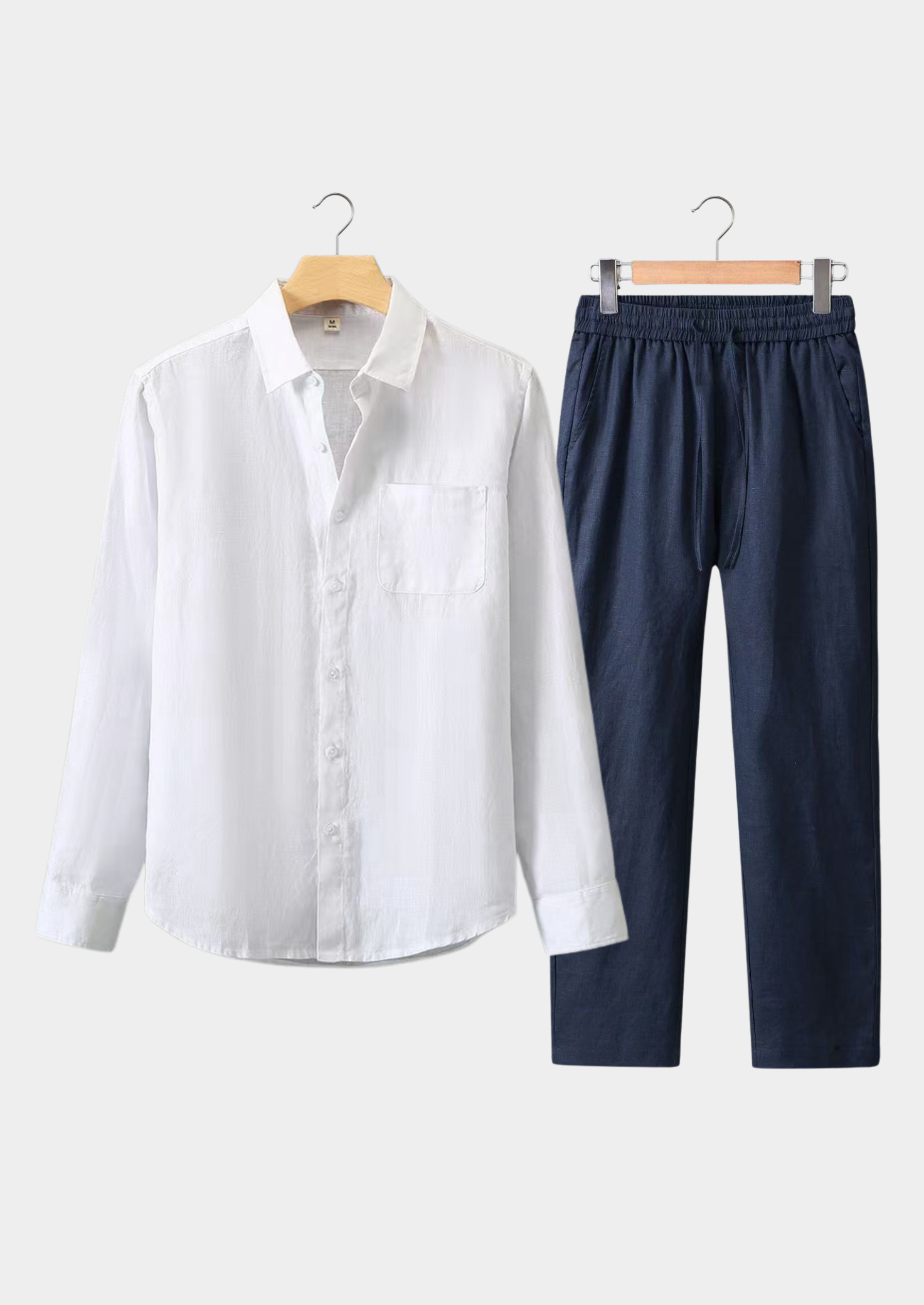 Linen Longsleeve Summer Set - White/Navy Blue