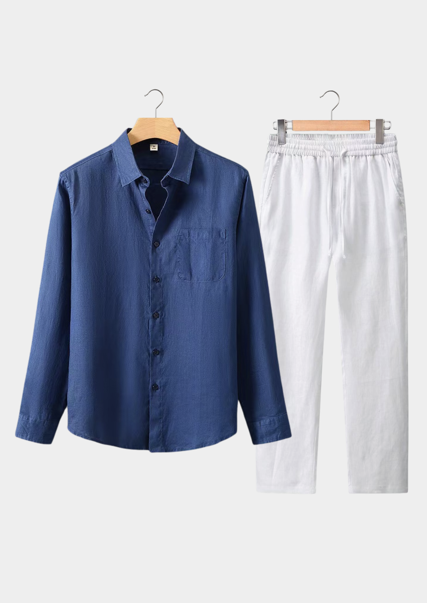 Linen Longsleeve Summer Set - Navy Blue/White