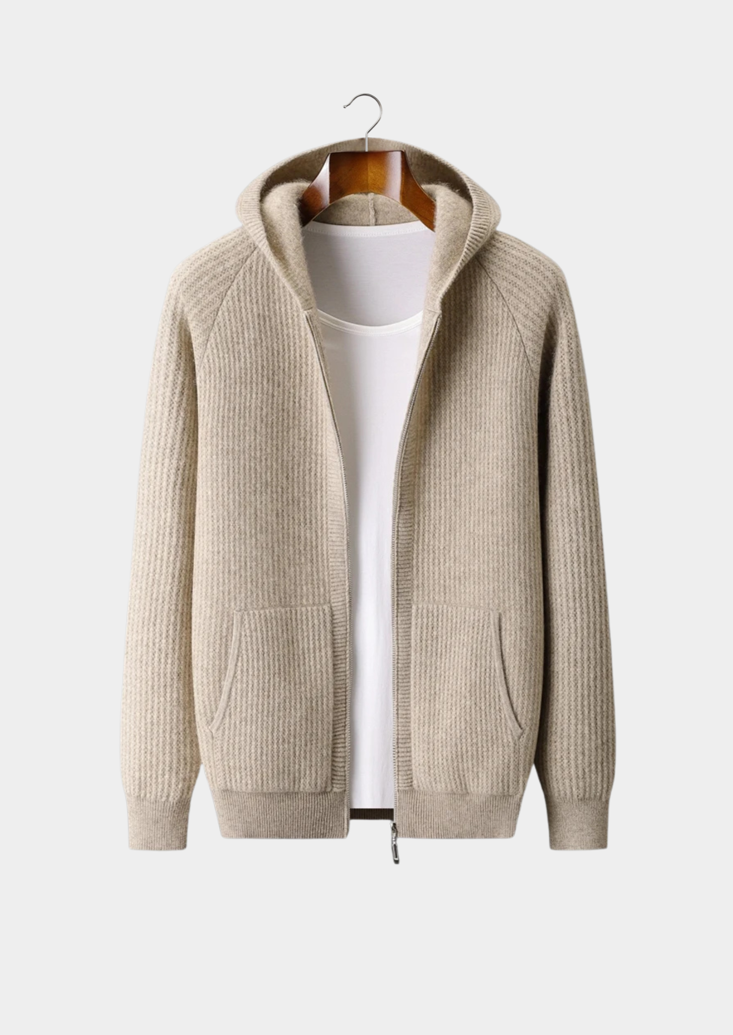 Pure Merino Wool Ribbed Zipper Hoodie