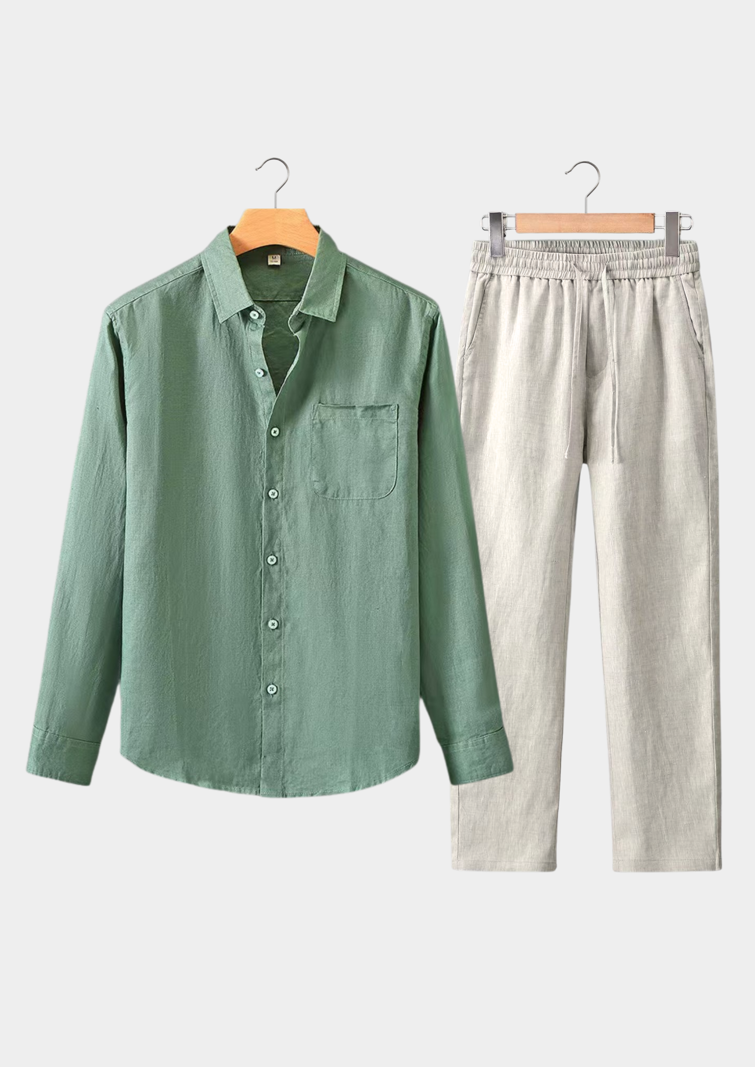 Linen Longsleeve Summer Set - Green/Beige