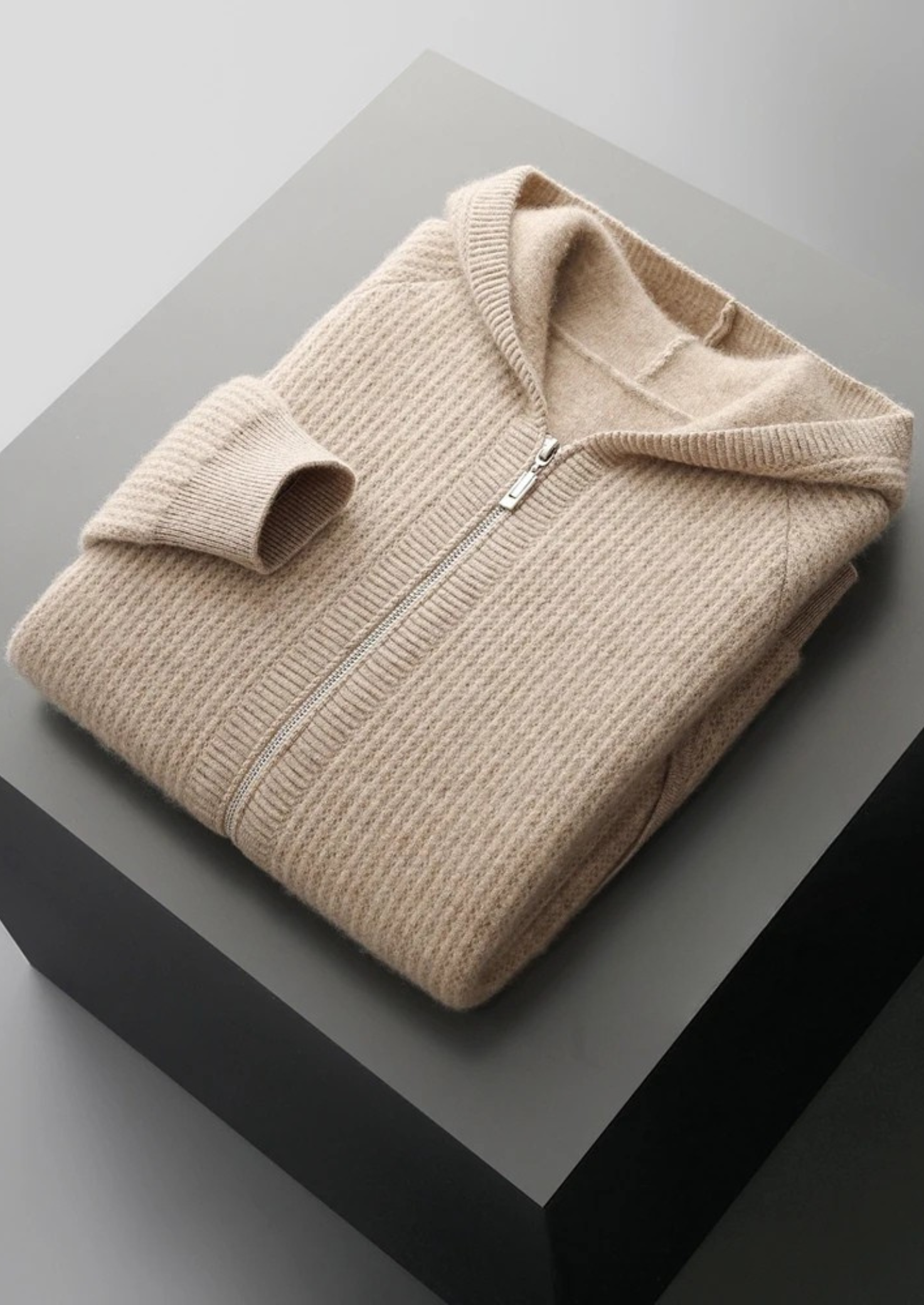 Pure Merino Wool Ribbed Zipper Hoodie