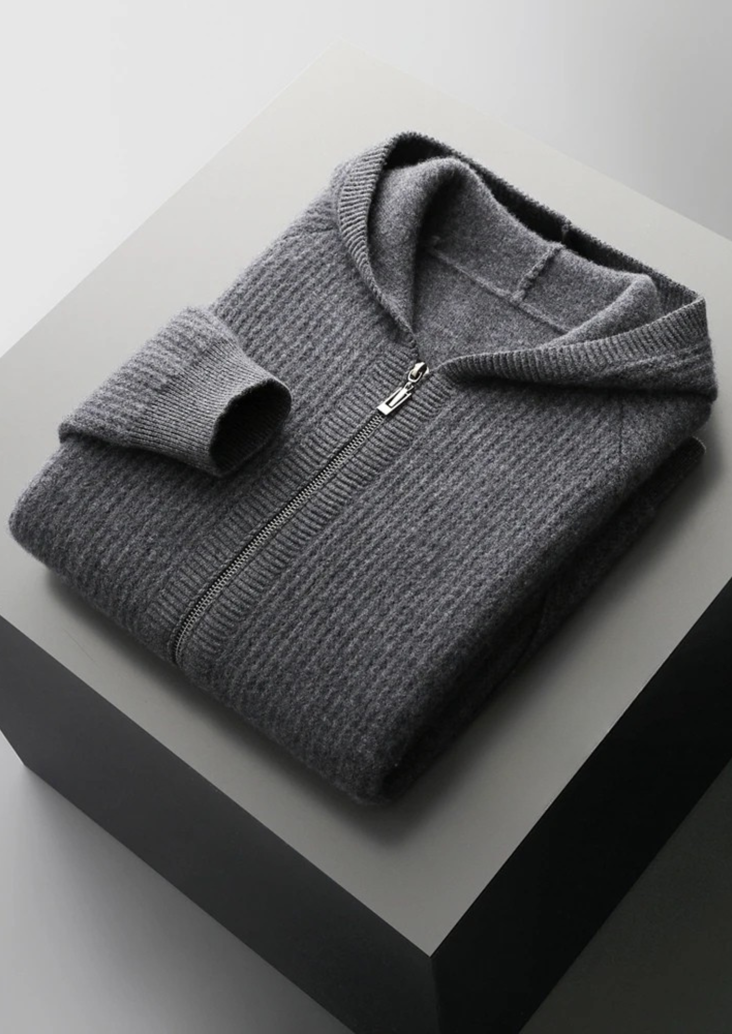 Pure Merino Wool Ribbed Zipper Hoodie