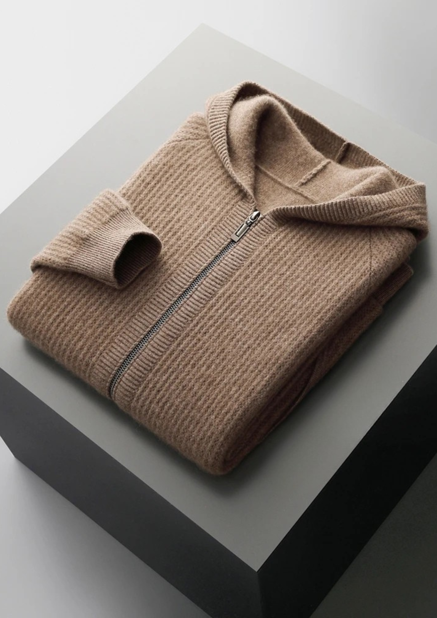 Pure Merino Wool Ribbed Zipper Hoodie