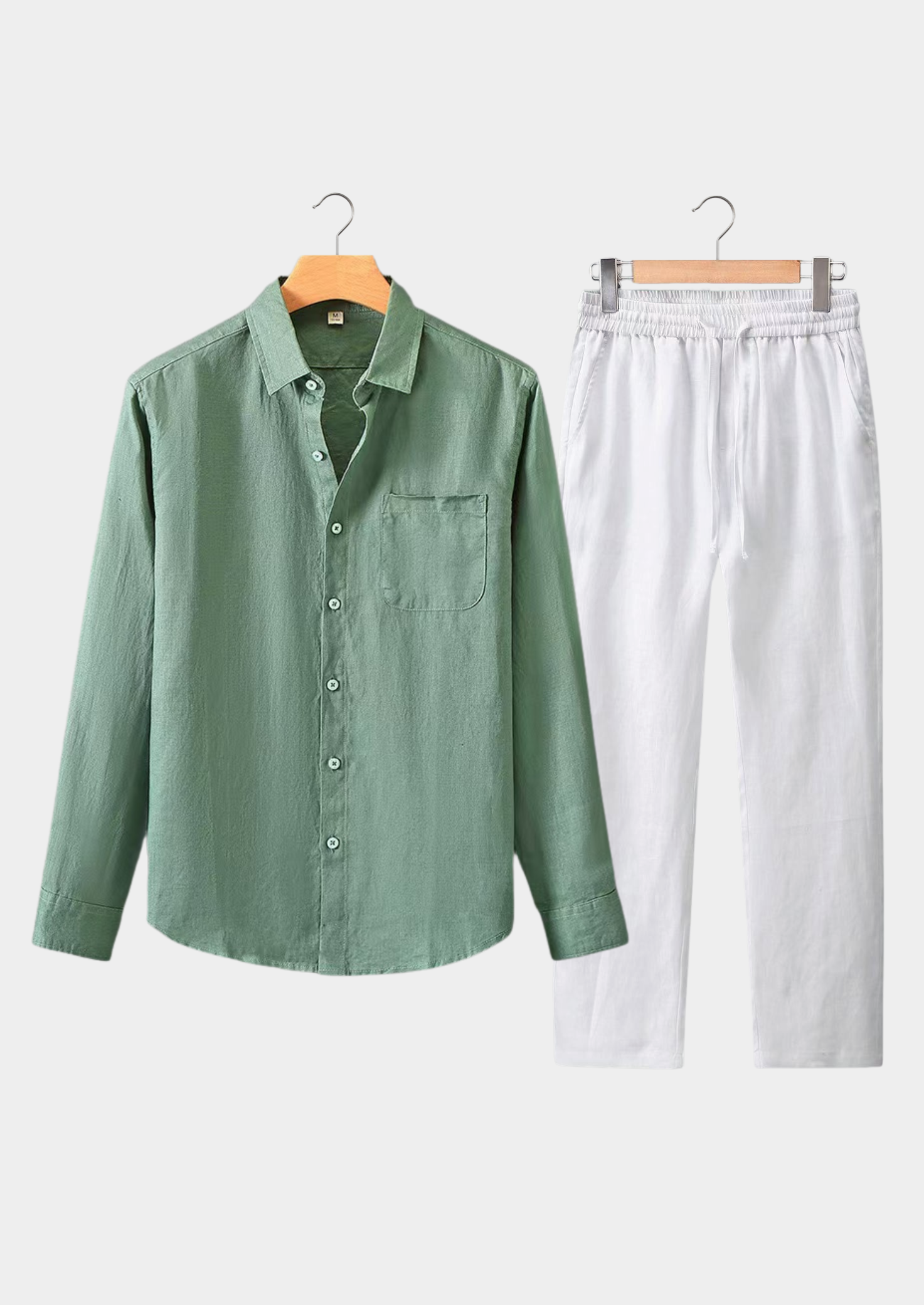 Linen Longsleeve Summer Set - Green/White