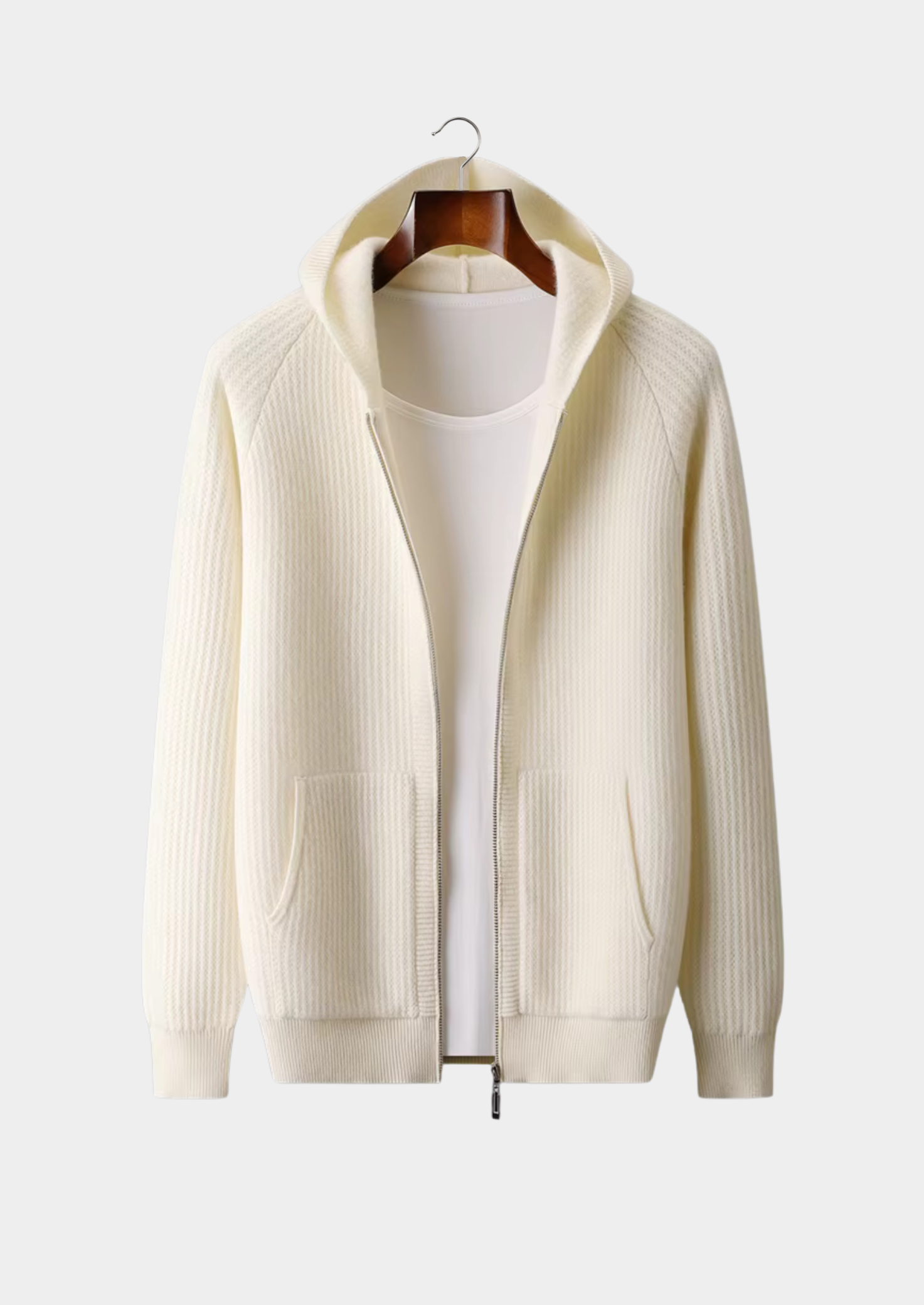 Pure Merino Wool Ribbed Zipper Hoodie