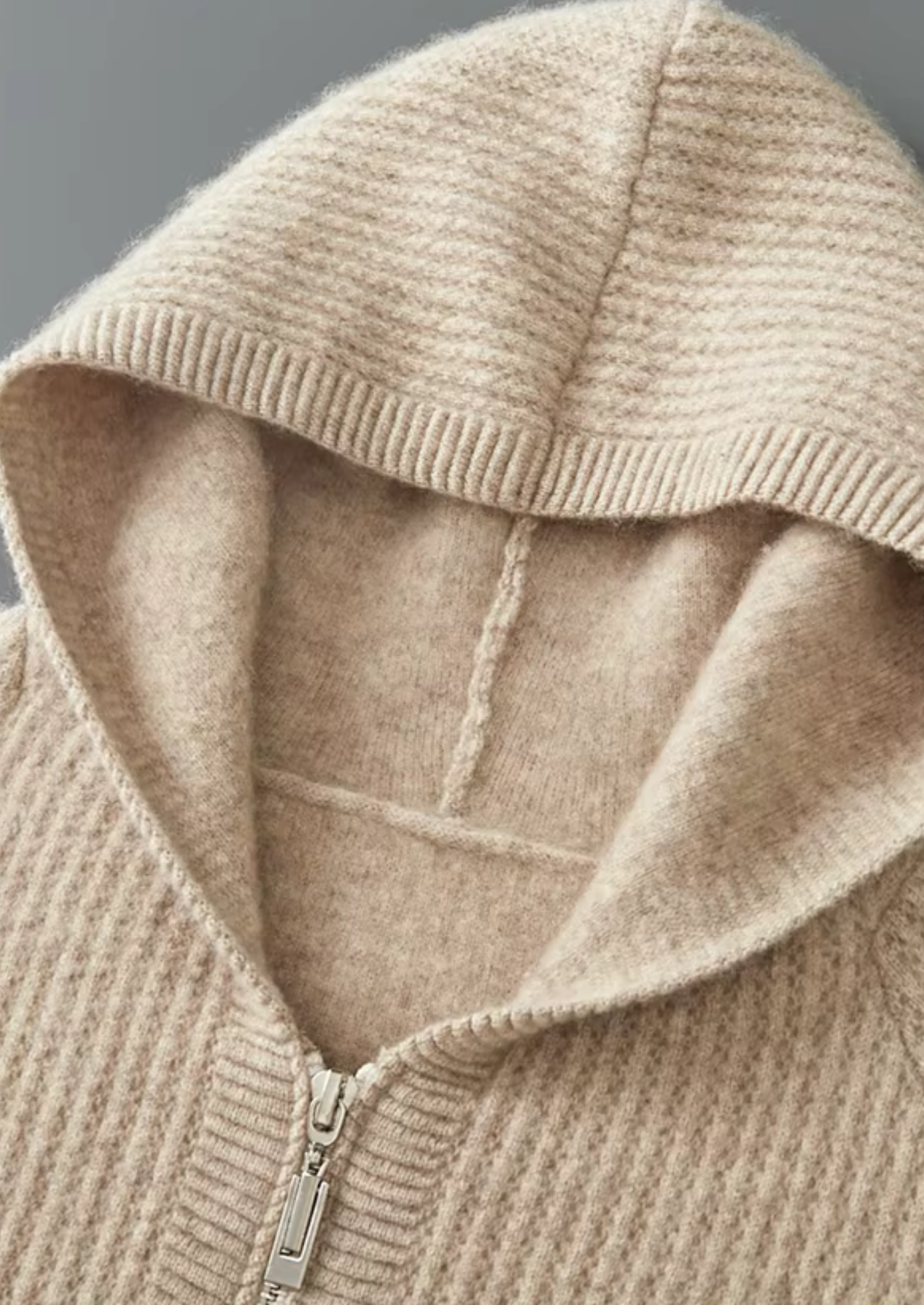 Pure Merino Wool Ribbed Zipper Hoodie
