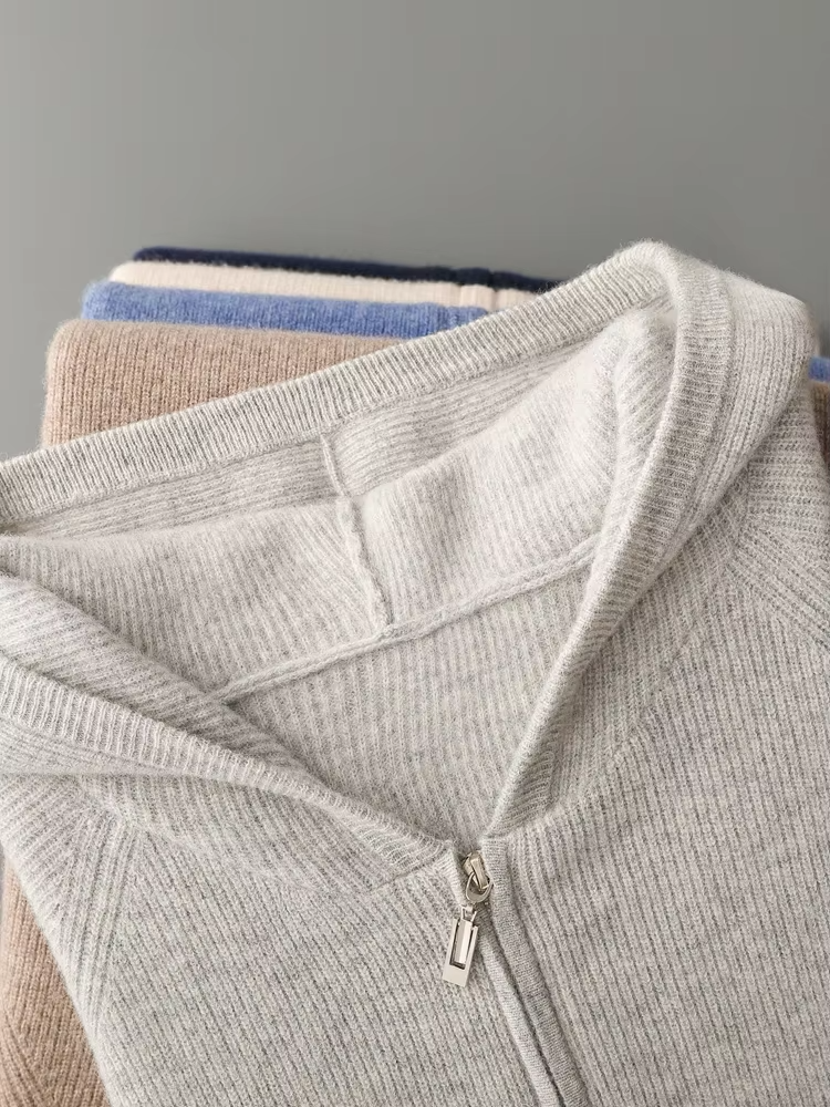 Pure Merino Wool Ribbed Zip Hoodie